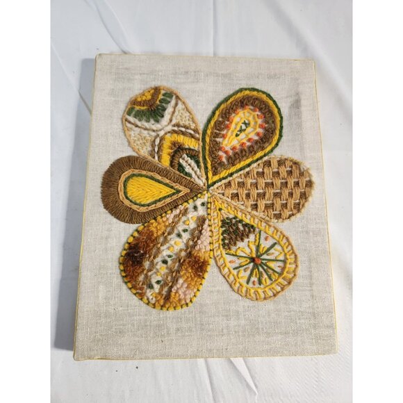 VTG MCM Crewel Original Embroidery Large Flower Gold Sienna Avocado 12 X 10